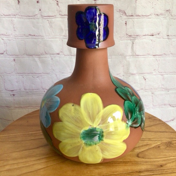 Vintage Hand Painted Pottery Mexican Water Jug with Cup - Picture 3 of 10